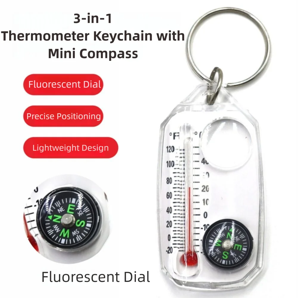 Portable 3-in-1 Function Mini Compass Keychain Compact Durable Thermometers Fluorescent Mountaineering Tool Expedition Outdoor