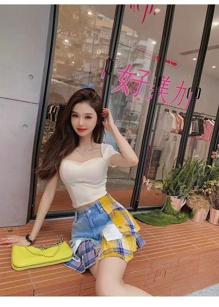 European And American Spice Girls High Waist Skirt 2024 Summer New Women Denim Skirts Colored Plaid Patchwork Irregular Clothing