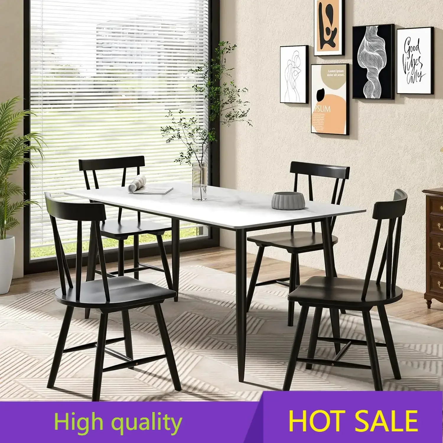 Cost-effective Set of 4 Windsor Chairs, Rubber Wood Dining Chairs with Spindle Back, Wide Seats, Anti-Slip Foot Pads,