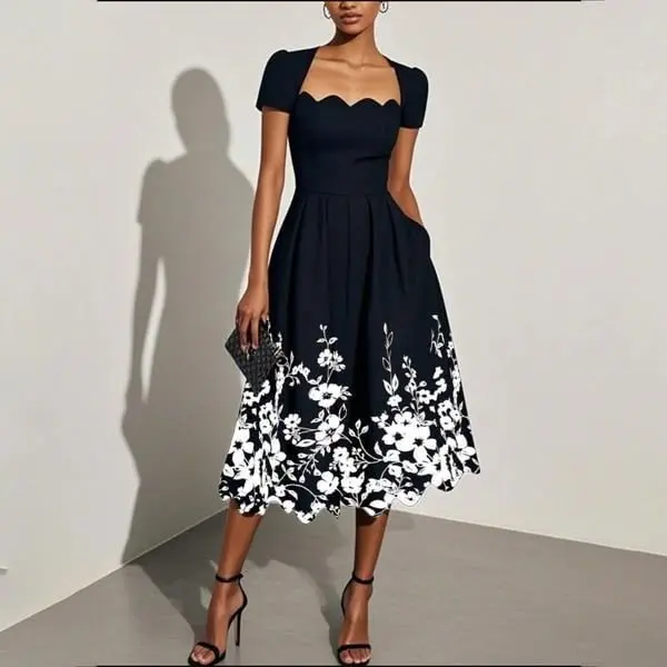 Damen-Blumendruck, elegant, kurzärmelig, Bohemian-Kleider, 2026, solides, hoch tailliertes Büro-A-Linien-Maxikleid für Damen, Urlaub