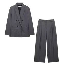 Women Fashion New 2pc Long Sleeves Double Breasted Suit Jacket Chic Female High Waist Pleated Wide Leg Pants Two-piece Set