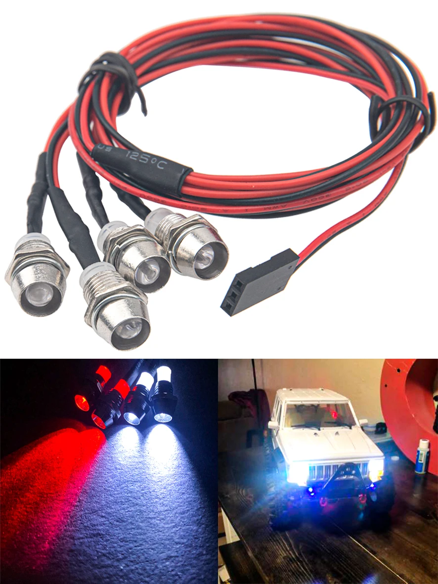 4Leds LED Light Headlights Taillight Kit Accessories for Traxxas HSP Tamiya RC4WD Axial SCX10 RC Car Crawler(2 Red +2 White)