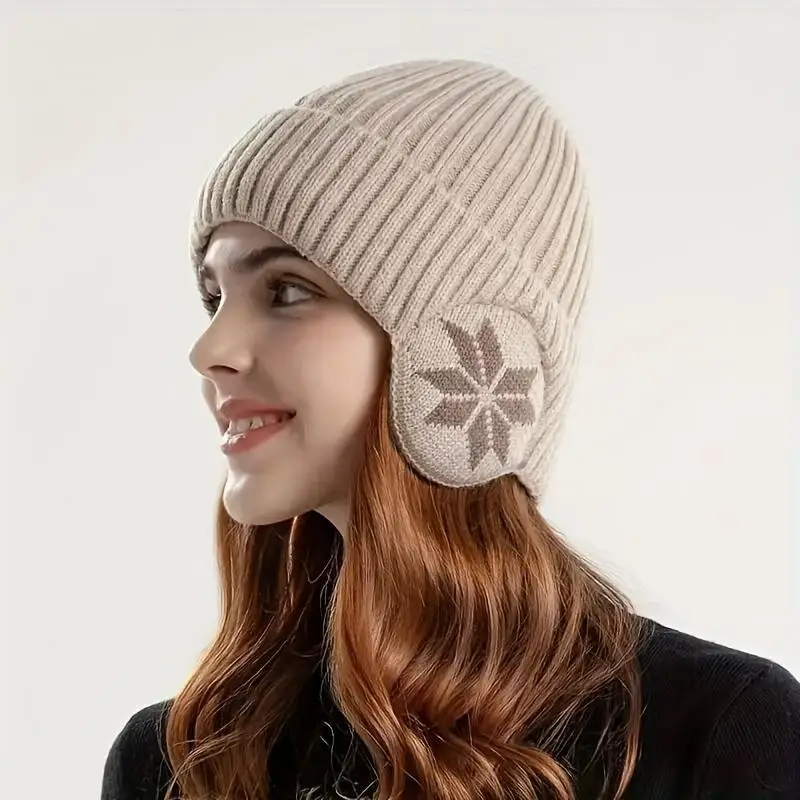 Winter Knit Earflap Beanie Hat, Snowflake Pattern Fleece-Lined Warm Knitted Cap, Windproof Cold Protection Hat for Outdoor Use