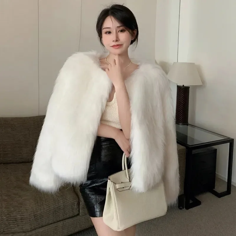 Lucyever Korean Fashion Faux Fox Fur Coat Ladies Luxury Short Imitation Fur Jackets Women High Quality Cardigan Plush Outerweart