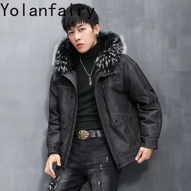 YOLANFAIRY Natural Fur Parka Men's Winter Detachable Rabbit Fur Liner Fur Coat Man Real Warm Jacket Hooded White Raccoon Collar