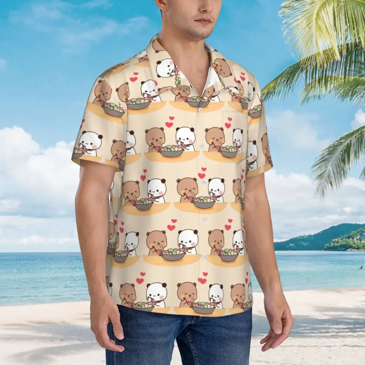 Bubu Dudu Panda Bears Cartoon Hawaiian Shirts Fashion Men Short Sleeve Shirt for Summer Beach Men's Lapel Tops