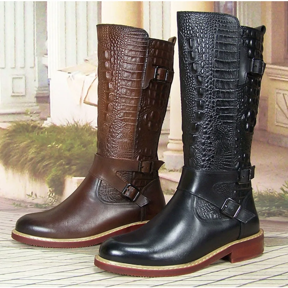 

Fashion Men's Embossed Leather Guard of Honor Horse Western Equestrian Boots Knee High Buckle Strap Outdoor Knight Shoes Zip