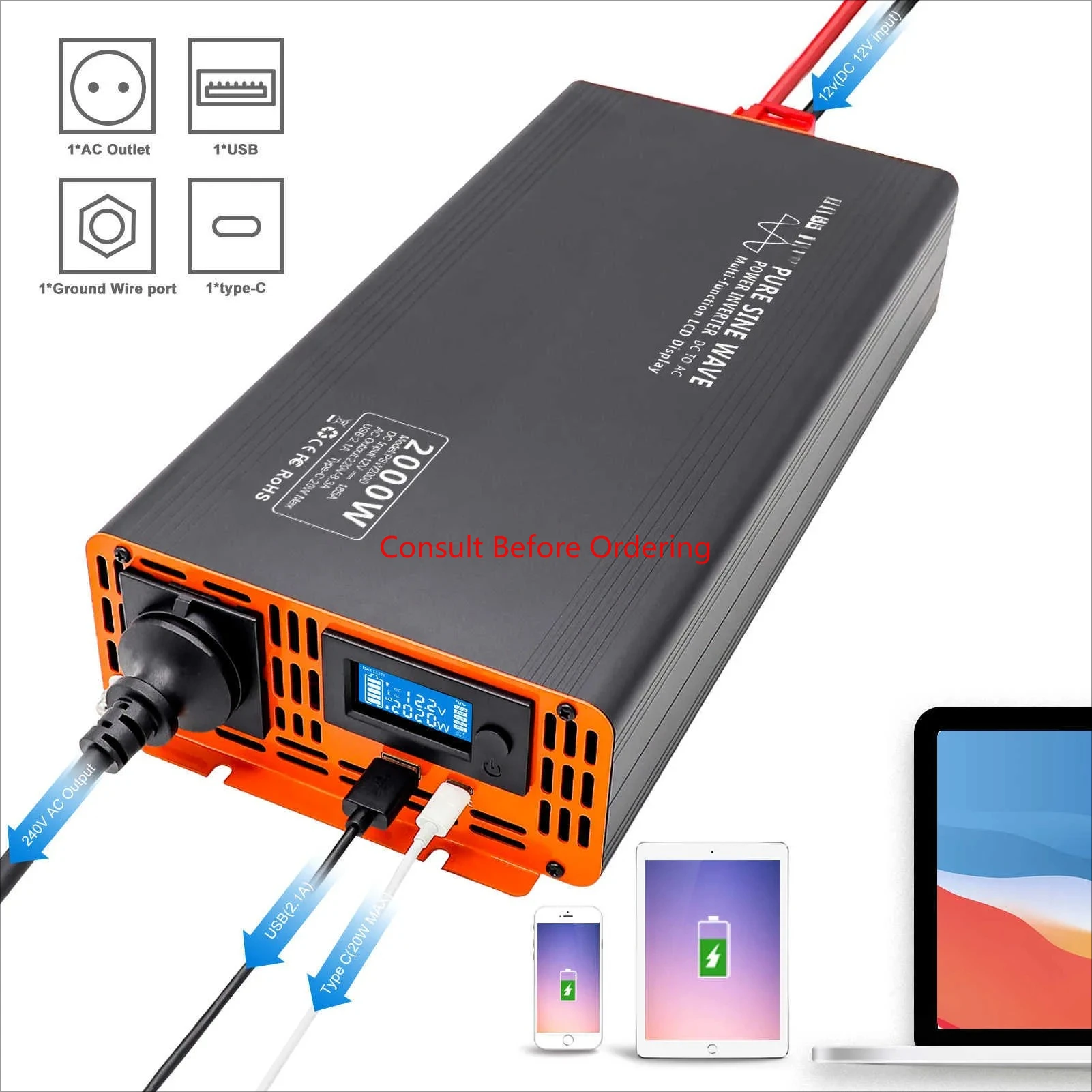 

Pure Sine Wave Inverter 12V To 120v Converter Power Inverter 2000W DC 12V 24V 48V To AC 110V 230V Support USB TYPE-C And USB2.1A