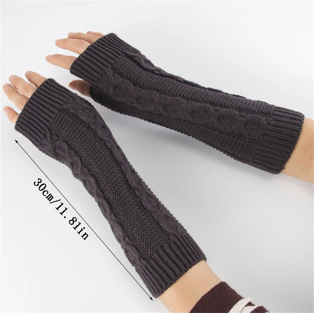 1Pair Long Warm Sleeves Mittens Twist Pattern Stretch Knit Half Finger Fingerless Arm Warmers Gloves for Women Cute Gloves