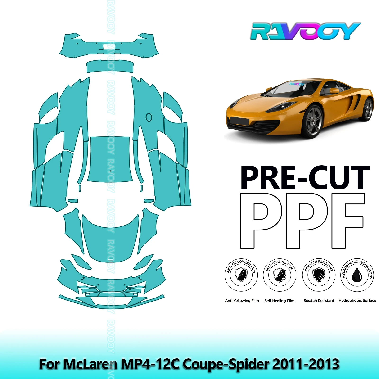 RAVOOY 8.5Mil Custom-Fit Precut TPU PPF Full Vehicle Clear Bra Stone Guard EU UK For McLaren MP4-12C Coupe-Spider 2011-2013