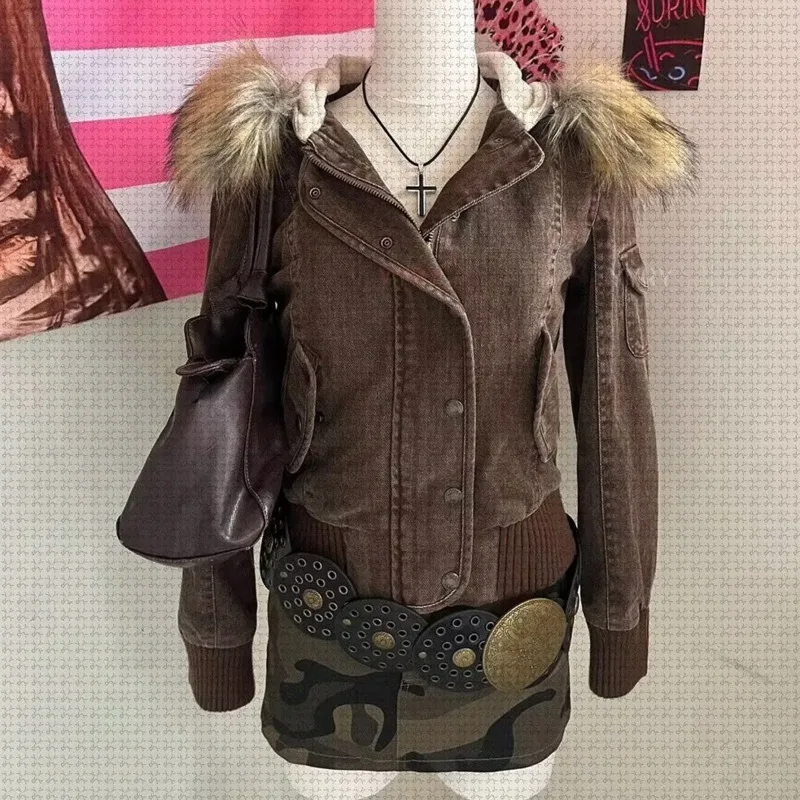 سترة نسائية ذات ياقة كبيرة من الفرو متعددة الاستخدامات للتنحيف الشتوي، مريحة وأنيقة باللون البني، معطف بقلنسوة للشارع #1