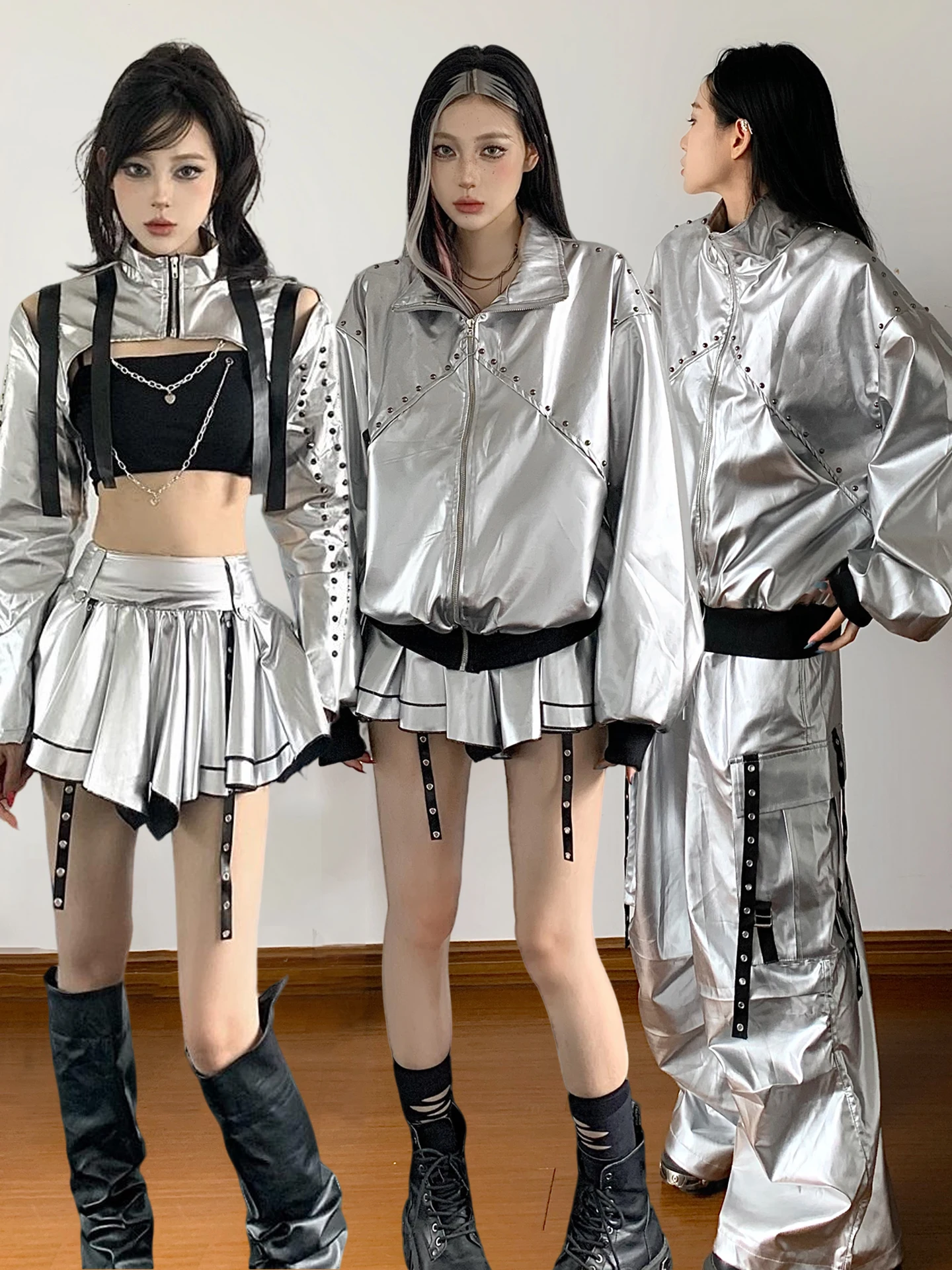 Modern Dance Practice Outfit Silver Long Sleeve Short Jacket Work Pants Hip Hop Style Female Fashion Set Daily Performance Co...