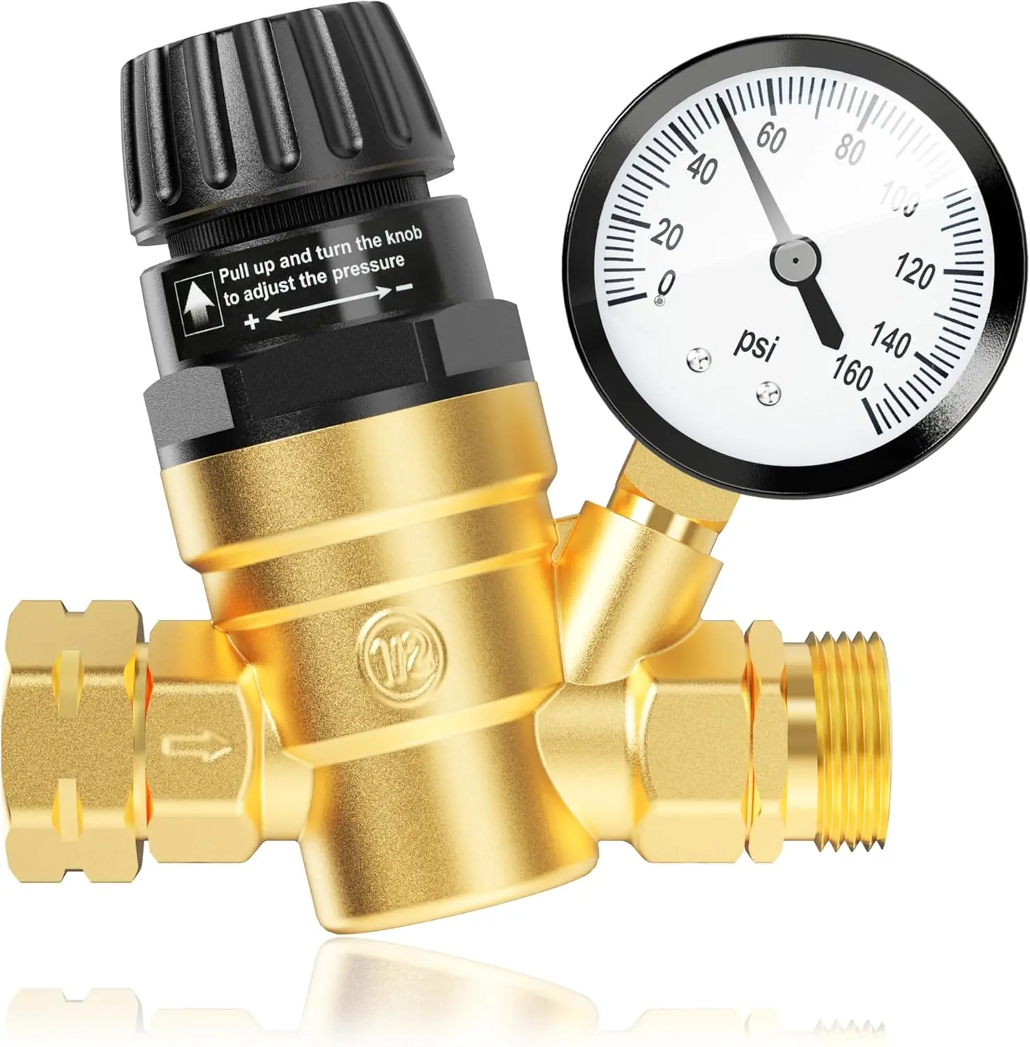 

RV Water Pressure Regulator Valve, Brass Lead-Free Adjustable Water Pressure Reducer with Gauge and Inlet Filter