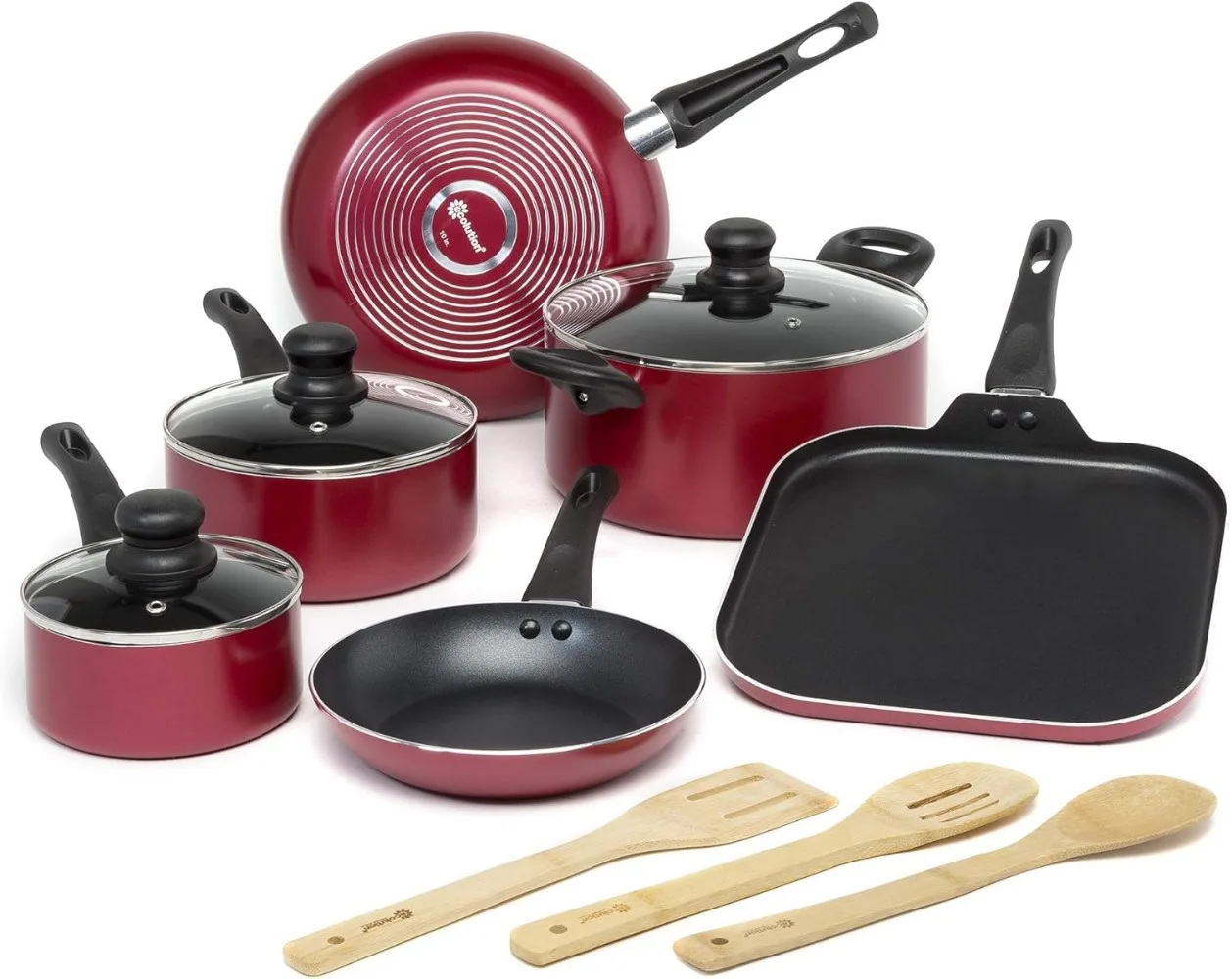 

Ecolution Easy Clean Nonstick Cookware Set, Dishwasher Safe Kitchen Pots and Pans Set, Comfort Grip Handle , 12-Piece, Red