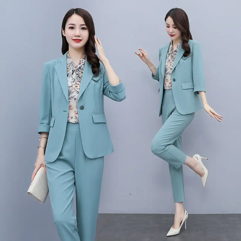 2023 Spring New Korean Popular Blazer Jacket Retro Printing Bowknot Tank Top Casual Pants Three Piece Elegant Women's Pants Suit