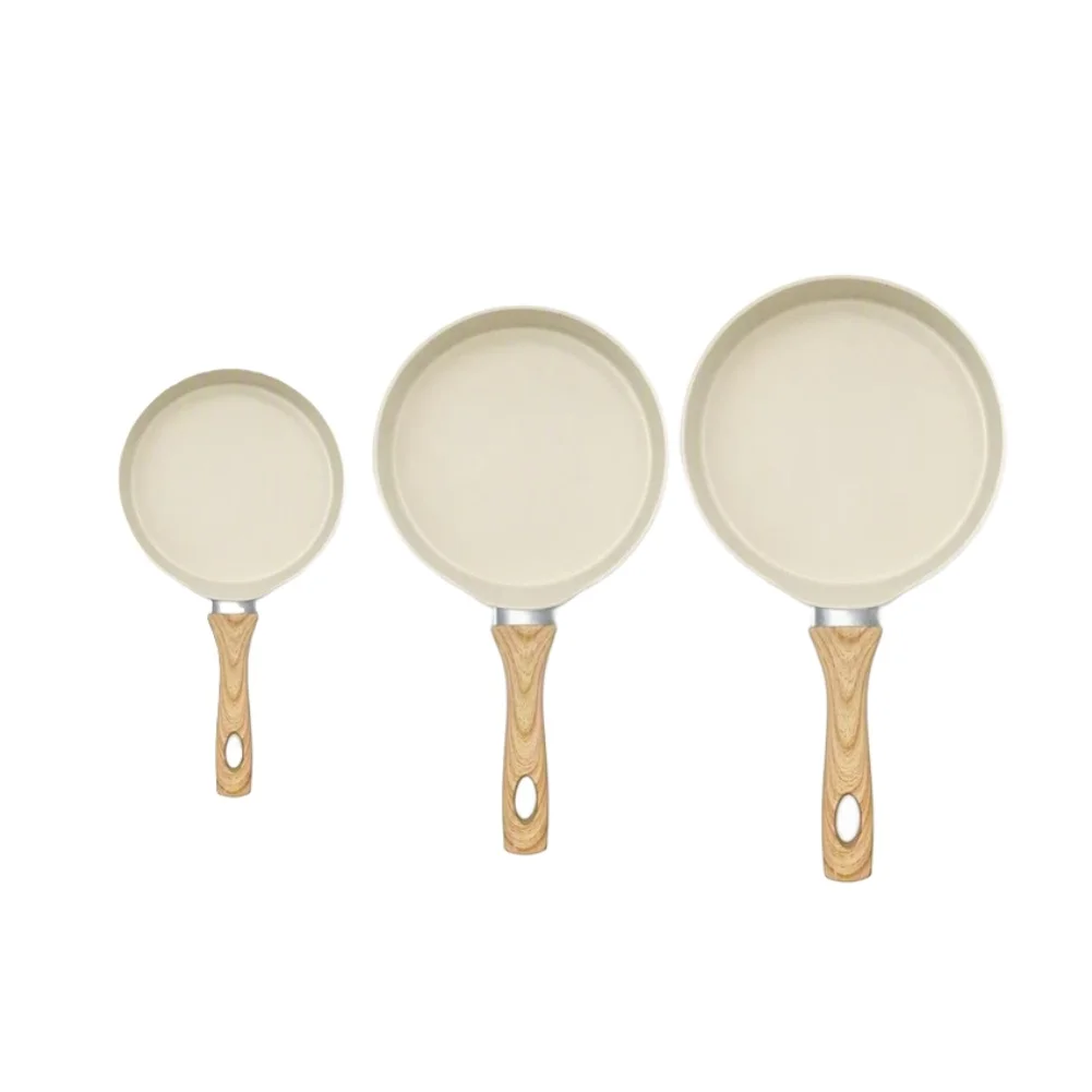 3 Piece Aluminum Pizza Pan Set Featuring Stone Coating Nonstick Wooden Handle for Baking Frying Grilling in Home Kitchen