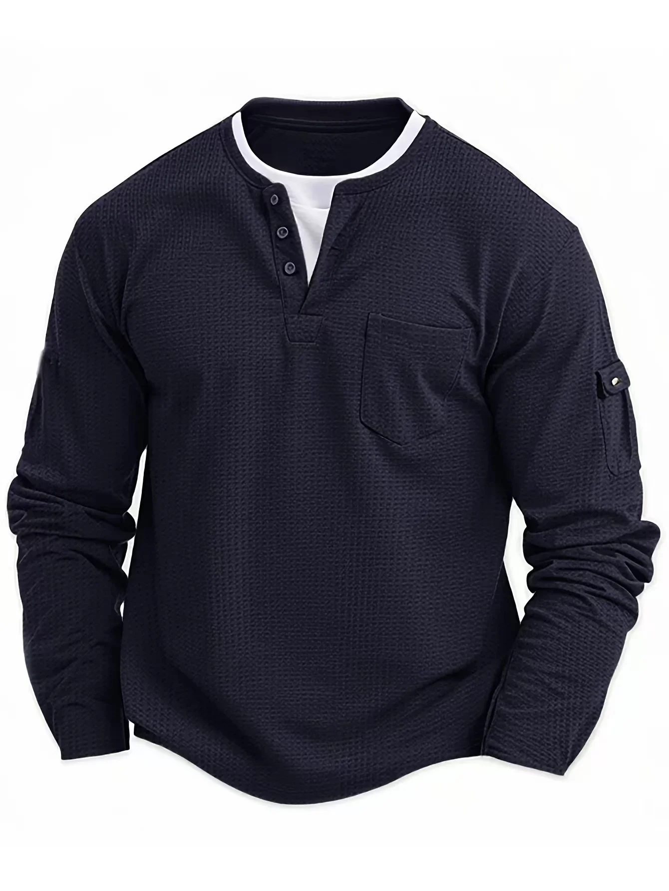 2025 Spring Fashion Button V-neck Hoodie Retro Fake Two Piece Set Double Layer Top Men's Casual Long Sleeve Loose Hoodie