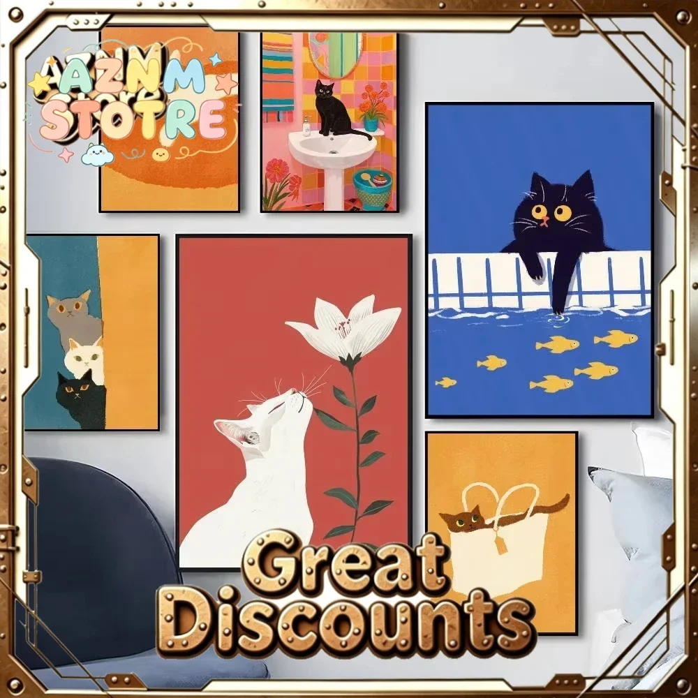 1pc Colorful Cute Cat In The Room Canvas Poster Waterproof Cafe Bar Fashion Room Decoration Wall Art Posters Unframe