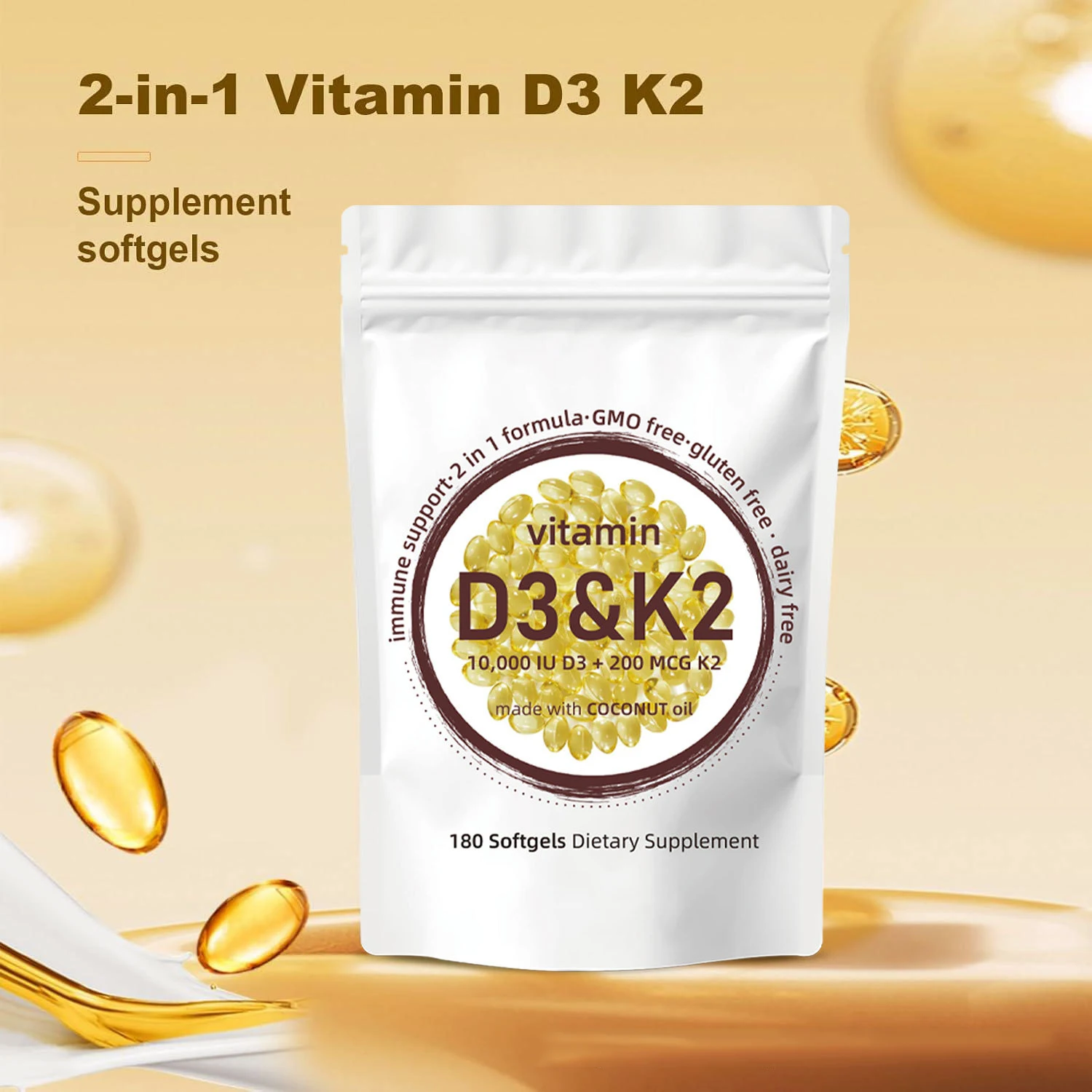

Vitamin D3 K2 Softgels - Vitamin D3 10000IU & Vitamin K2 200mcg Supplement Support Calcium Absorption Bone Heart Health 180 Caps