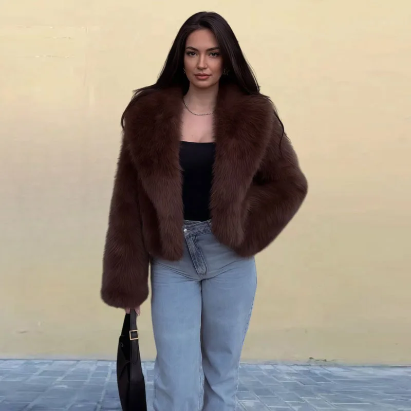 

Шикарная женская верхняя одежда из искусственного меха, однотонное винтажное теплое мягкое пальто с длинными рукавами, утепленные повседневные свободные зимние куртки на молнии с отложным воротником
