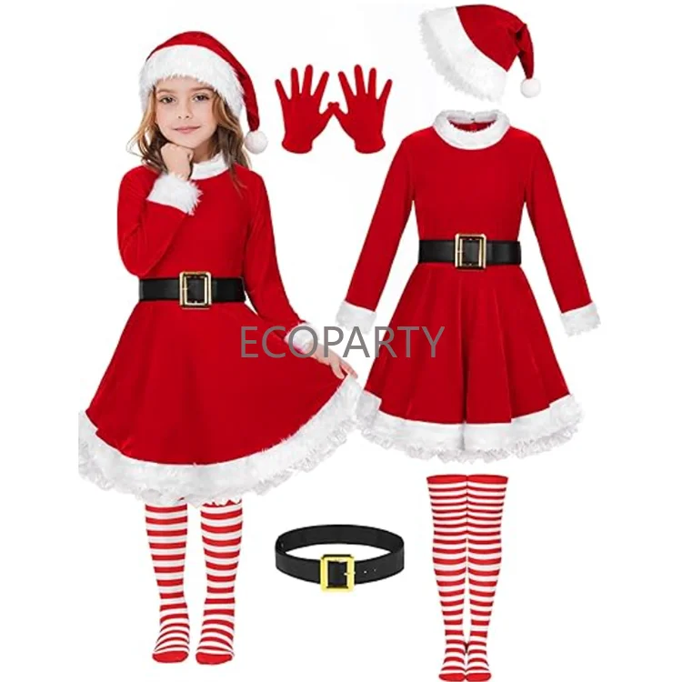

5 Pack Girls Christmas Santa Suit Dress Velvet Dress Costume with Belt Over Knee Socks Hat Anime Disfraz Hombre Costume