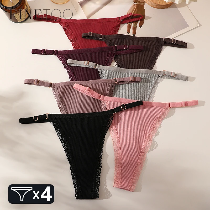 4Pcs/SET Women's Cotton Lace Underwear Sexy Adjustable Belt Panties Female Striped Low Waist Thongs Breathable G-string Lingerie