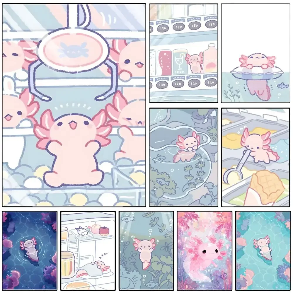 Dark Cute A-Axolotl Poster Self-adhesive Art Waterproof Paper Sticker Coffee House Bar Room Wall Decor