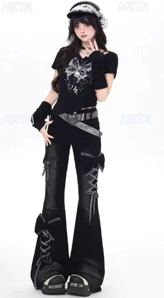 Dark Subculture Y2k Daily Sweet Cool Low Waist Bow Strap Micro Pull Jeans Spring Summer New Hot Girl Slim Black Horn Pants Women