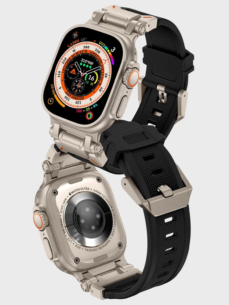 Silicone Strap For Apple Watch Ultra 2 Band 49mm 45mm 44mm 42mm Rugged metal+rubber Bracelet correa iWatch Series 9 6 5 4 7 8 SE