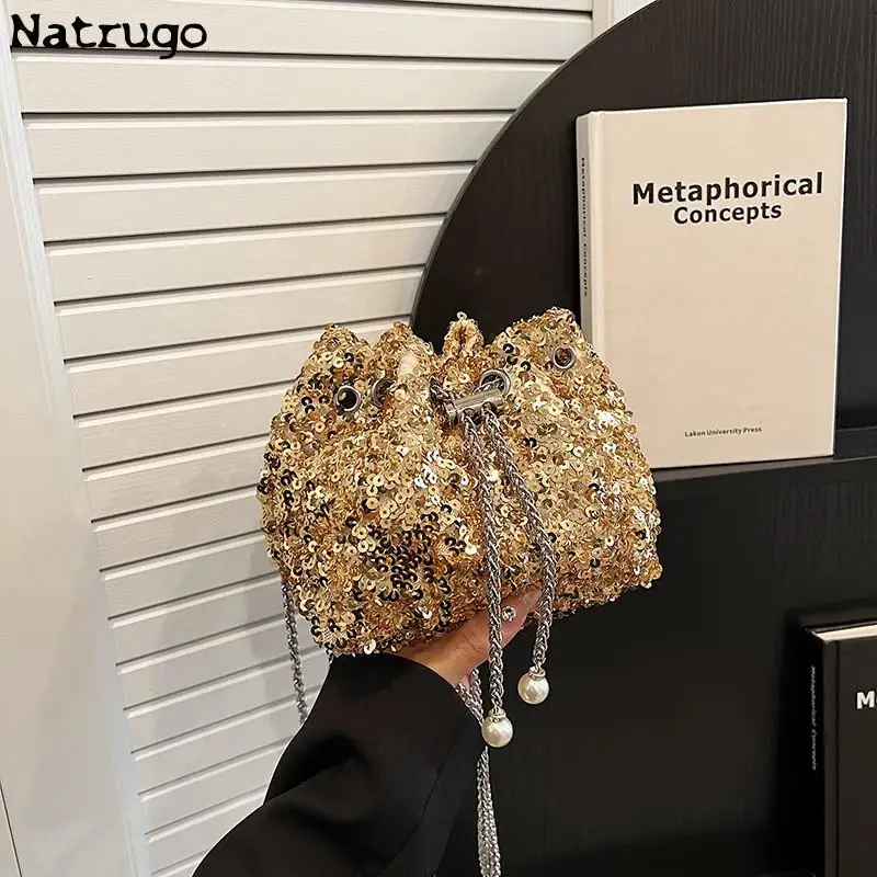 Luxury Banquet Sequin Shoulder Bag Fashion Bucket Shiny Handbags Gold Silver Underarm Chain Crossbody Bags For Women Girl