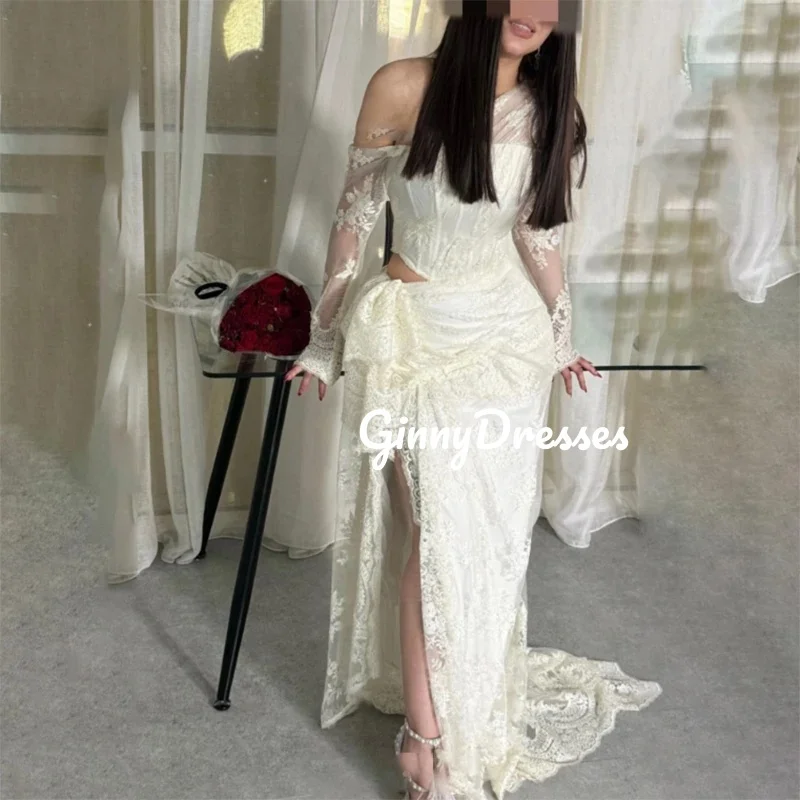 

Элегантные вечерние платья по индивидуальному заказу для женщин, трапециевидное платье с разрезом без бретелек, длиной до пола, кружевное вечернее платье на молнии с длинными рукавами и подкладкой