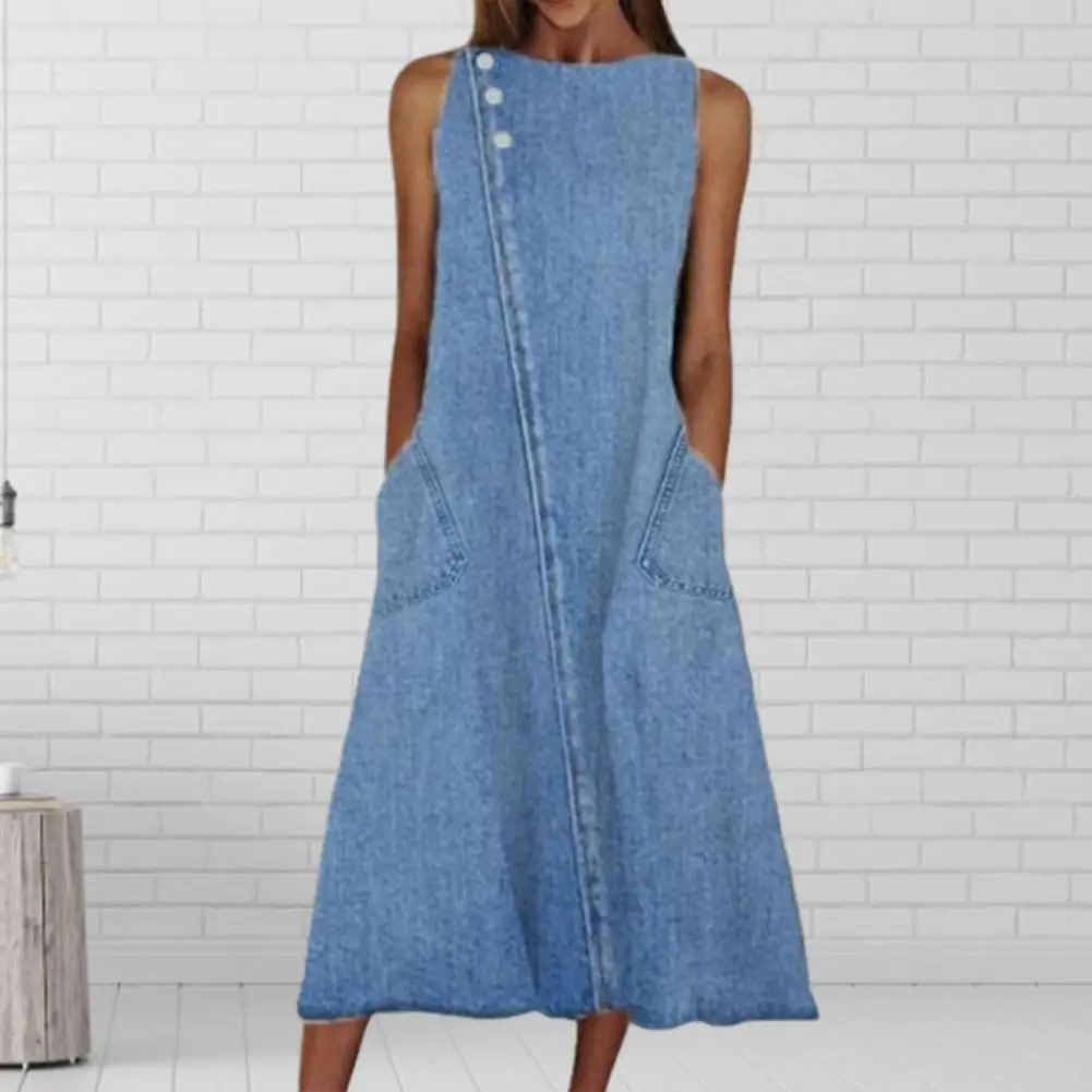 Loose Denim Dress Women Vintage Sleeveless Pockets Solid Color Summer Dress Midi Streetwear