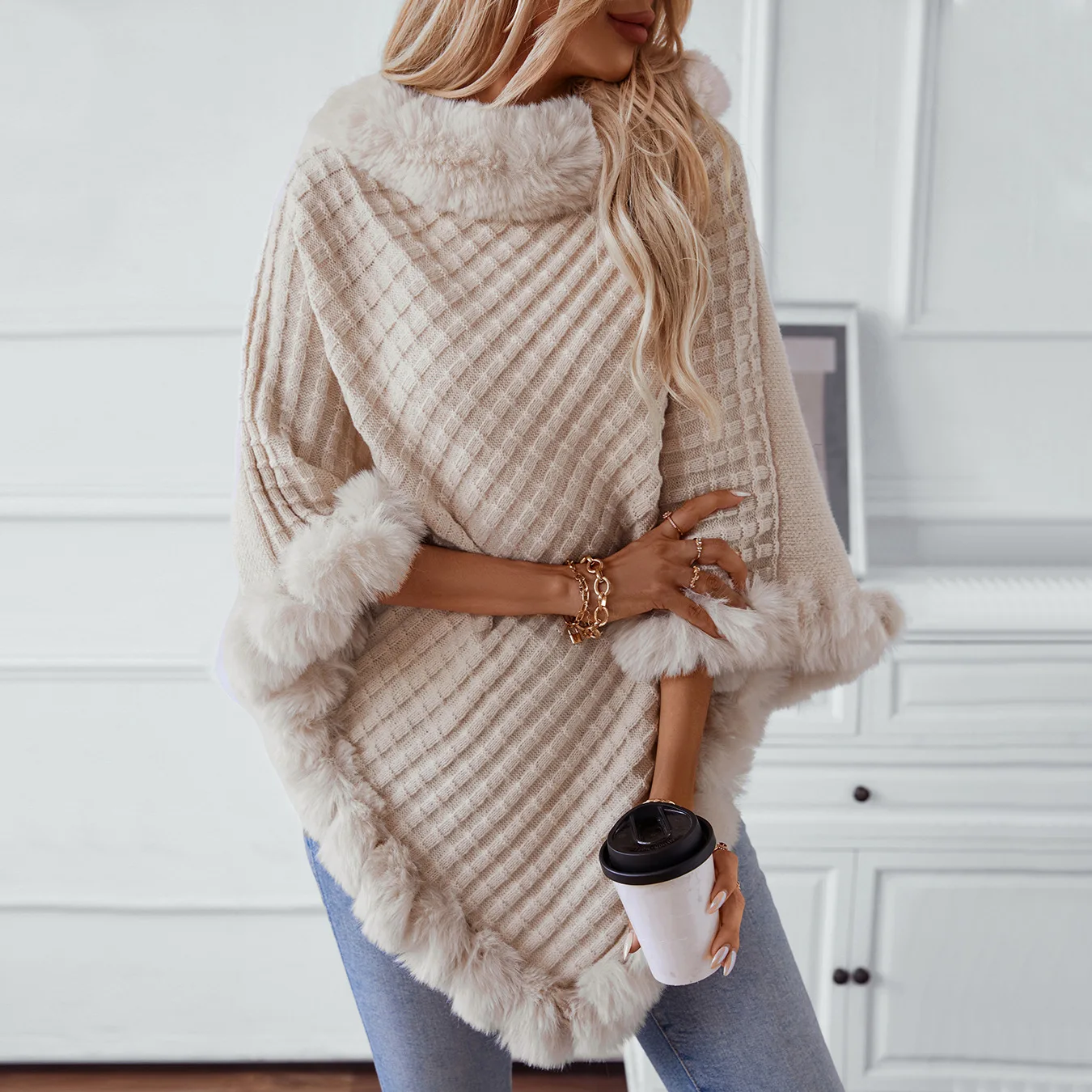 2024 Winter Women's Solid Color Fur Collar Pullover Cloak Female Thick Retro Plaid Knitted Cape Shawl Women's Winter Coat