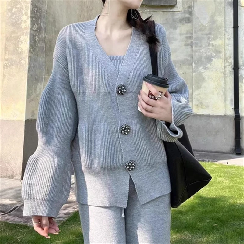 REALEFT Autumn Winter 3 Pieces Women Sets Knitted Tracksuit Buttons Cardigan Sweater & Top and Straight Jogging Pants Suits