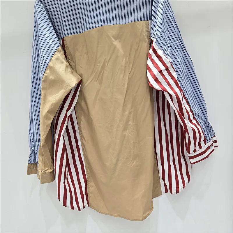 HKSH Primavera Autunno Nuove Donne Camicia Alla Moda Elegante Irregolare A Righe Patchwork Design Giacca Allentato Pigro Casual di Nicchia Magliette E Camicette HK12776