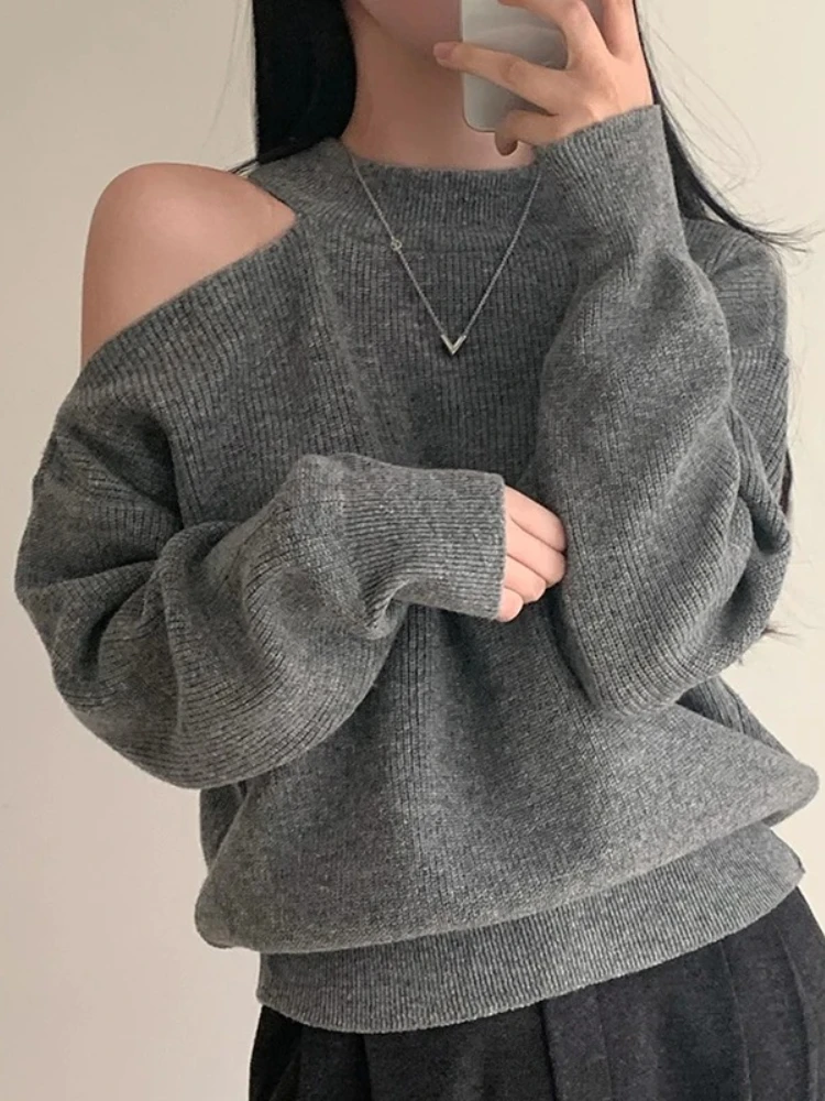 

Hikigawa Chic Fashion Women Vintage Solid O neck Sweaters Korean Casual All Match Hollow out Off Shoulder Knitted Pullovers Tops