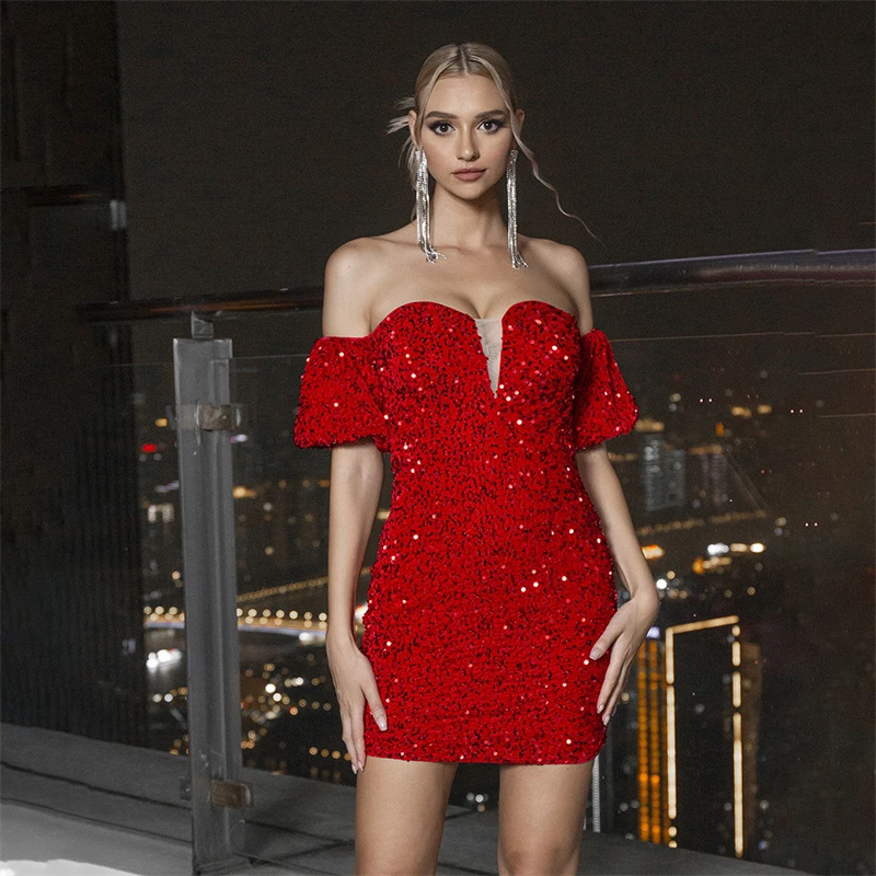 Robe dos nu à paillettes rouges pour femmes, robe courte taille moyenne, mode sexy, tempérament ajusté, initié, nouveau