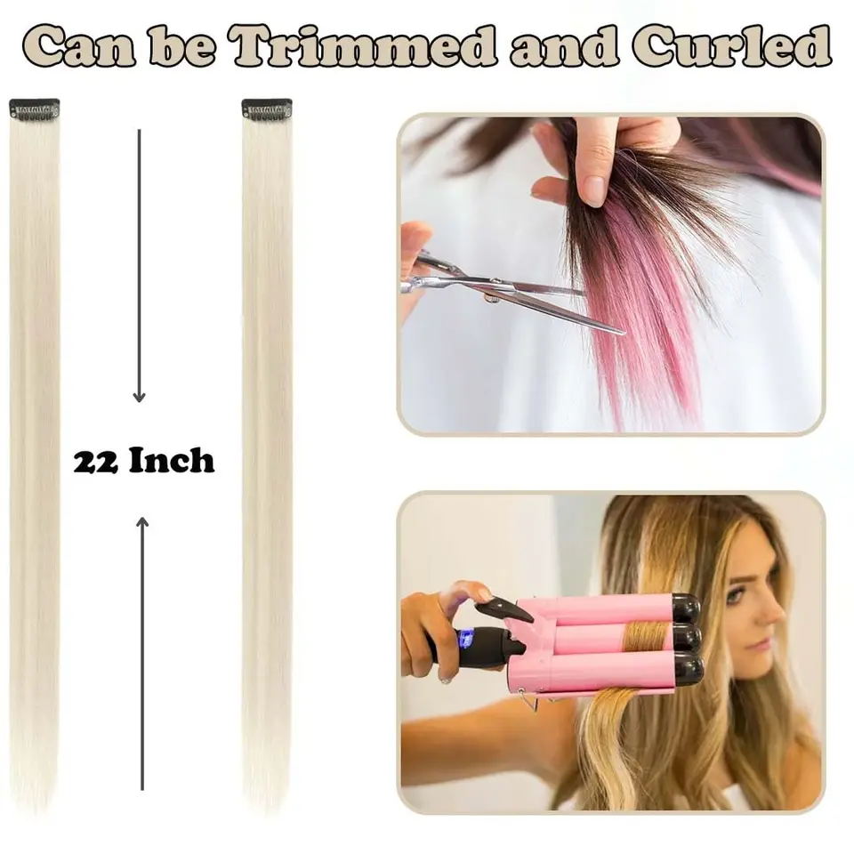 12PCS/Paquete Extensiones de Cabello Clip In Mechas de Colores para Fiesta para Chicas 22 Pulgadas Colores Ombre Lacio Sintético Postizos 2