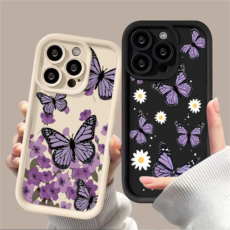 Funda de teléfono artística con mariposa morada para iPhone 16E 16 15 14 13 12 11 X XR Xs SE 2 8 7 Plus Pro Max, funda trasera de silicona a prueba de golpes