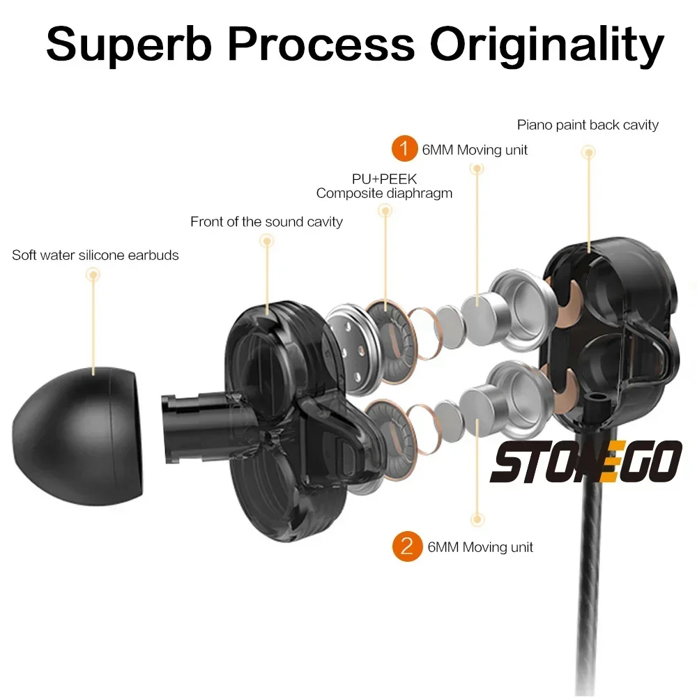 STONEGO  3.5mm Jack Dual Driver In-Ear Earbuds Earphones Sports Dynamic Headphones Hands-Free Microphone Extra Stereo Bass