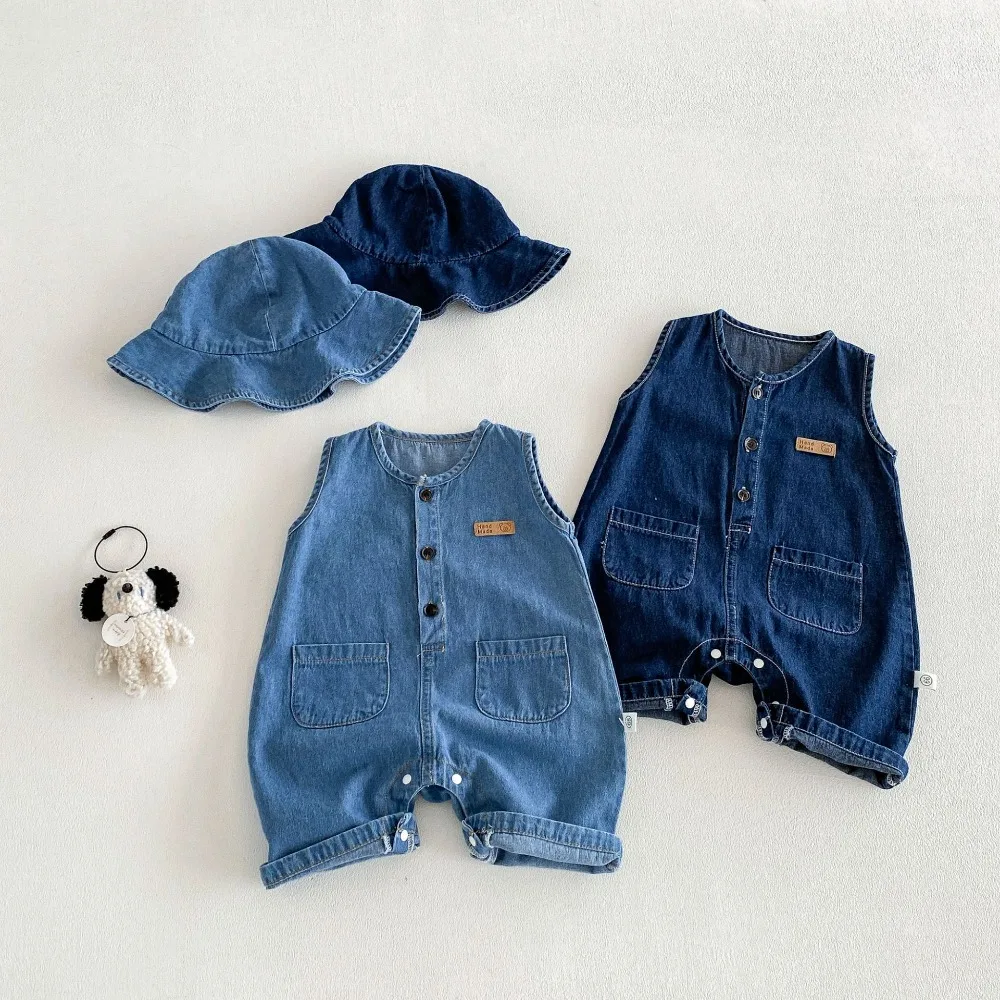 Summer Baby Romper 0-2Years Newborn Boy Girl Sleeveless O-Neck Soft Denim Jumpsuit Hat 2PCS Outfits Fashion Sunsuit Clothes