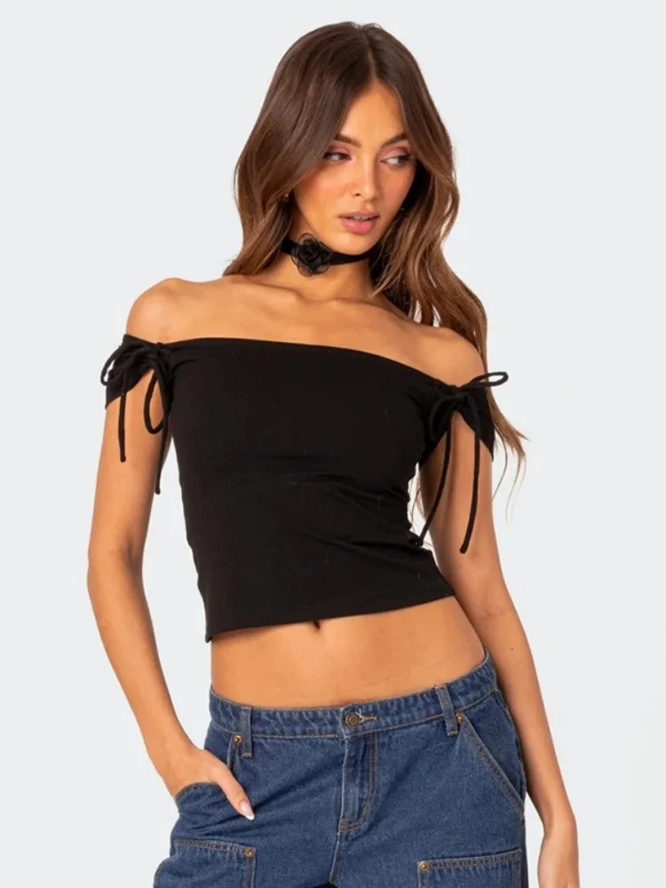 

Off Shoulder Feminist Shirt Women Clothing Bandage Sleeve Y2k Crop Top Solid Color Camisetas Slim Fit Ropa De Mujer Streetwear