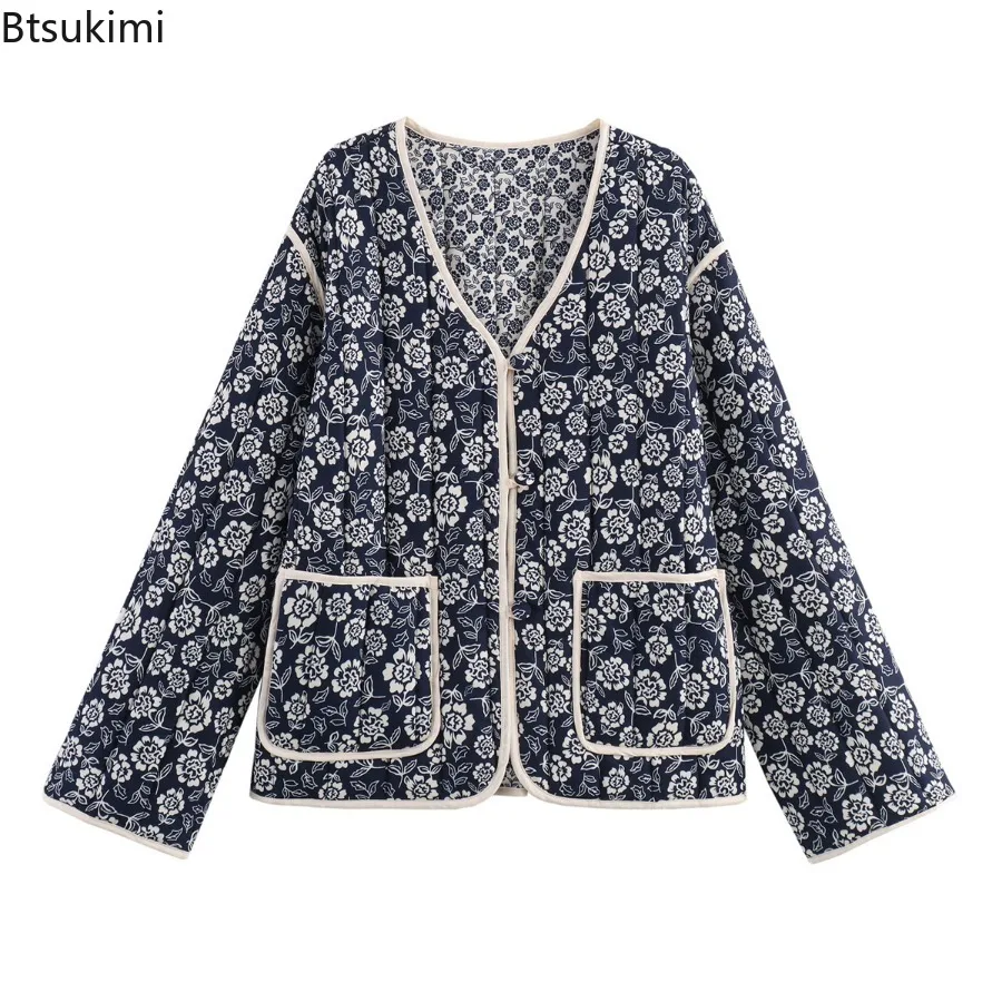 

Women's Double-sided Floral Print Vintage Parkas V-neck Single-breasted Patch Pocket Loose Jacket Coat Autumn Winter Chic Coat
