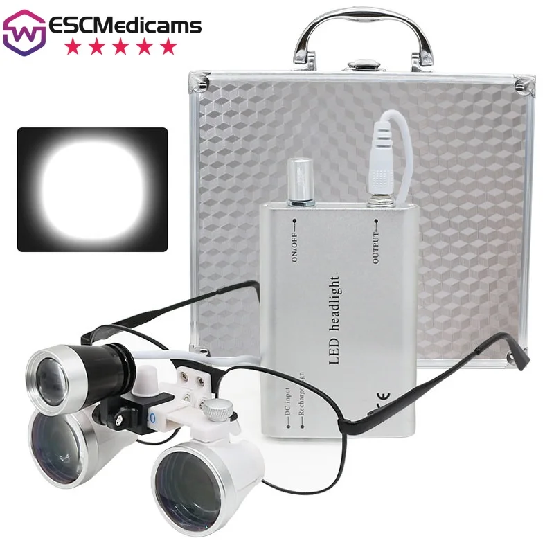 Dental Binocular Loupes Metal Case Set with LED Headlamp & Lithium Battery Optical Glass Magnifier 320-420mm Dental 3.5X 2.5X