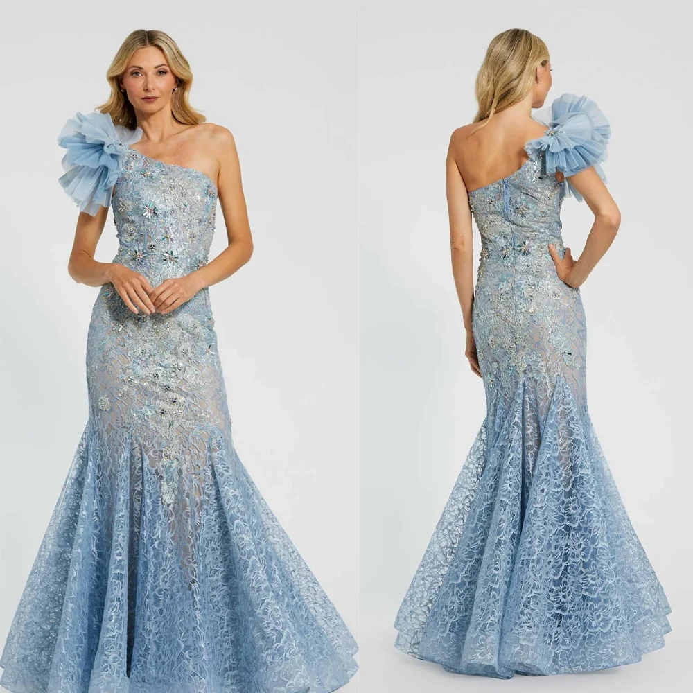 

Customized Mermaid One Shoulder Evening Dresses Floor Length Sequins 3D Flower Prom Gowns Sleeveless Backless Party Dress