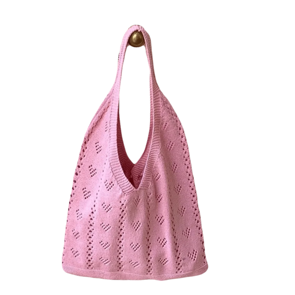

Large Capacity Crochet Tote Bags Heart-Shaped Solid Color Hollow Knitted Shoulder Bags Elastic Top-Handle Shopping Bags Daily
