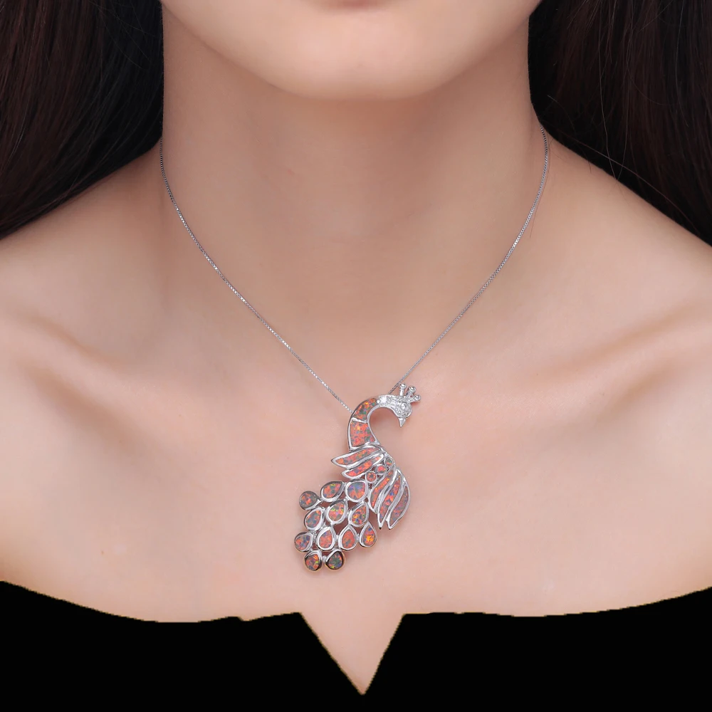 CiNily Created Blue Fire Opal Cubic Zirconia Silver Plated Wholesale Peacock for Women Jewelry  Pendant 2 1/8\