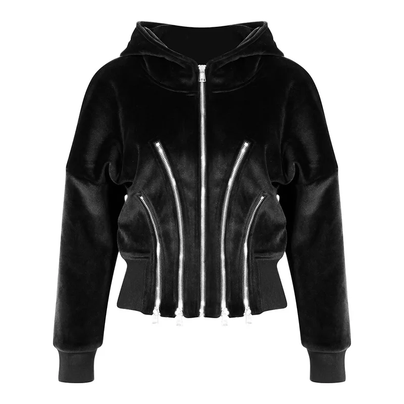 

Женская весенняя бархатная вискозная толстовка с черным толстым композитным пальто с несколькими металлическими молниями и разрезом на талии