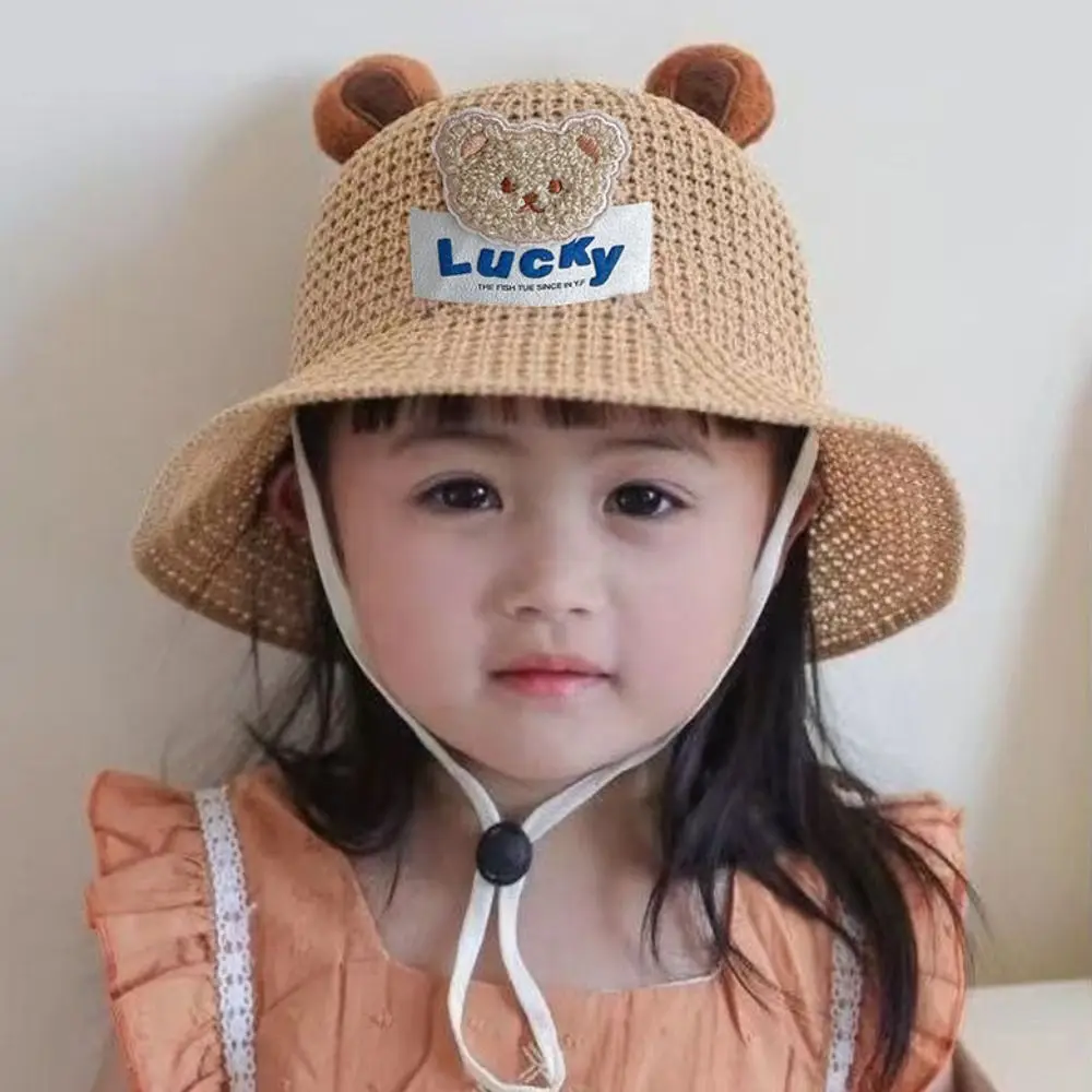 Cartoon Bear Children Sun Hats Sunshade Pastoral Style Vacation Straw Hat With Lacing Sunscreen Fisherman's Hat Summer Sun Hats