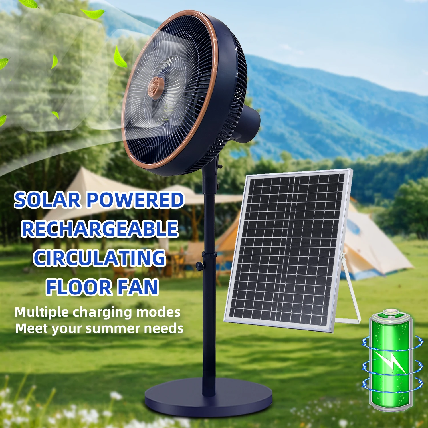 2025 Upgrade Air Circulation Ventilador Powered Fan 16 Inch Lithinum Battery Solar Fan with Solar Panel for Home/Outdoor